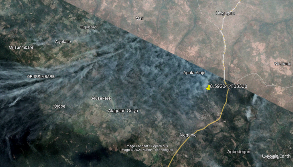 Google map showing the precise location inside the national park indicated with a yellow placemark (Nigerian Mining)