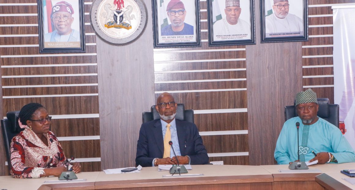 L-R : Permanent Secretary, Dr. Mary Ada Ogbe, Minister, Dr Dele Alake, Special Adviser to the Minister, Mr Kehinde Bamigbetan (Nigerian Mining)