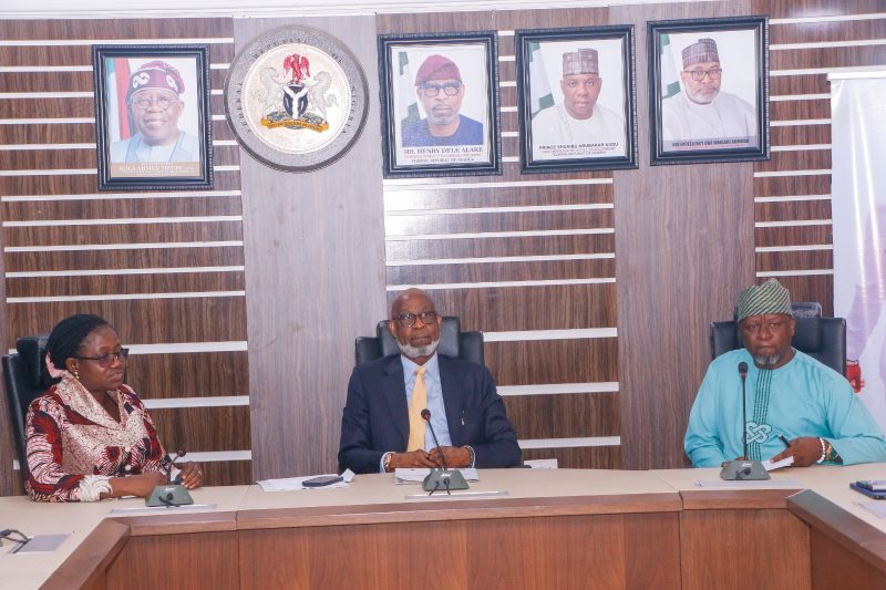 L-R : Permanent Secretary, Dr. Mary Ada Ogbe, Minister, Dr Dele Alake, Special Adviser to the Minister, Mr Kehinde Bamigbetan (Nigerian Mining)